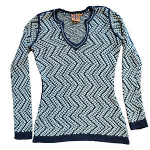 Tory Burch White and Blue Crochet Tunic Top Sz XS Beachy Coastal Vacation